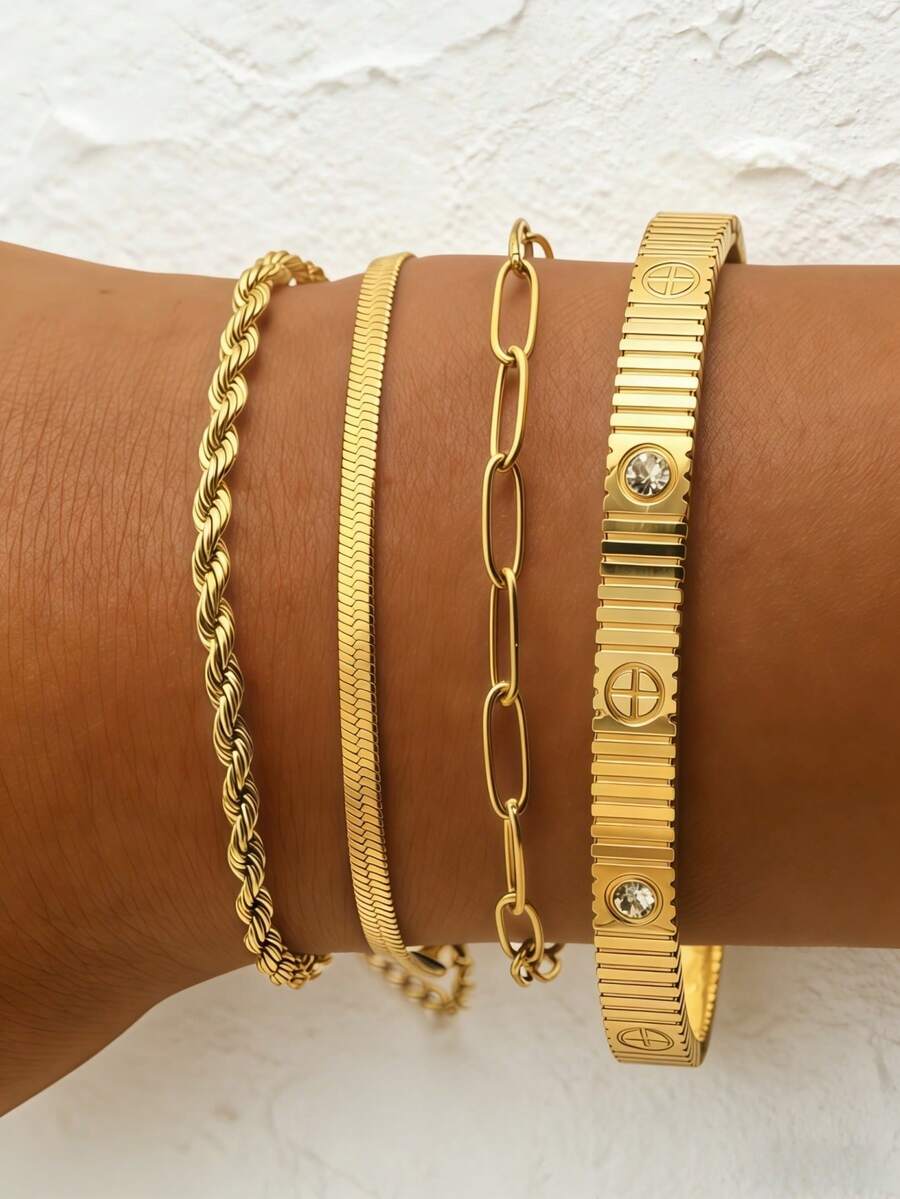 4 piezas Pulsera chapada en oro de 18K, de acero inoxidable para mujer, pulsera de circonita CZ, pulsera de brazalete, pulsera multicapa, pulsera dorada, joyería para mujer, brazalete de acero inoxidable, regalo delicado, pulsera elegante, pulsera de acero inoxidable