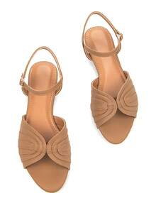 女士时尚细带拼接装饰卡其色PU材质舒适圆头无后跟搭扣踝带休闲平底凉鞋 - 卡其色 - 查看 3