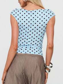 Women Y2k Polka Dot T Shirts Tops Short Sleeve Boat Neck Slim Fit Crop Top Summer Casual Tee Shirt Going Out Tops Blouse Party Club Daily Streetwear - 淺藍色 - 查看 8