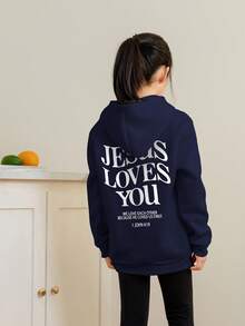 Tween Girl Students Loose Fit Printed Hoodies, Thermal Lined Casual Pullover Sweatshirts, Suitable For Spring, Autumn & Winter - Navy Blue - View 2