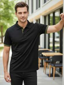 男士拼色四分之一鈕扣 Polo 衫，休閒週末 T-shirt，經典版型夏季運動上衣 - 黑色 - 查看 3