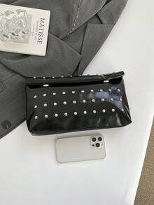 Modische, lässige, personalisierte Clutch-Tasche mit großer Kapazität, Nieten und umgerollter Kante - Schwarz - Übersicht 4