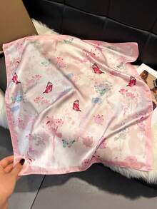 1 Stück eleganter Schmetterling & Blumen Muster 70cm quadratischer Schal/Bandana für Frauen, geeignet für Lässig, Streetwear, Kopftuch, Outdoor Sonnenschutz, dekoratives Accessoire - Babypink - Übersicht 2