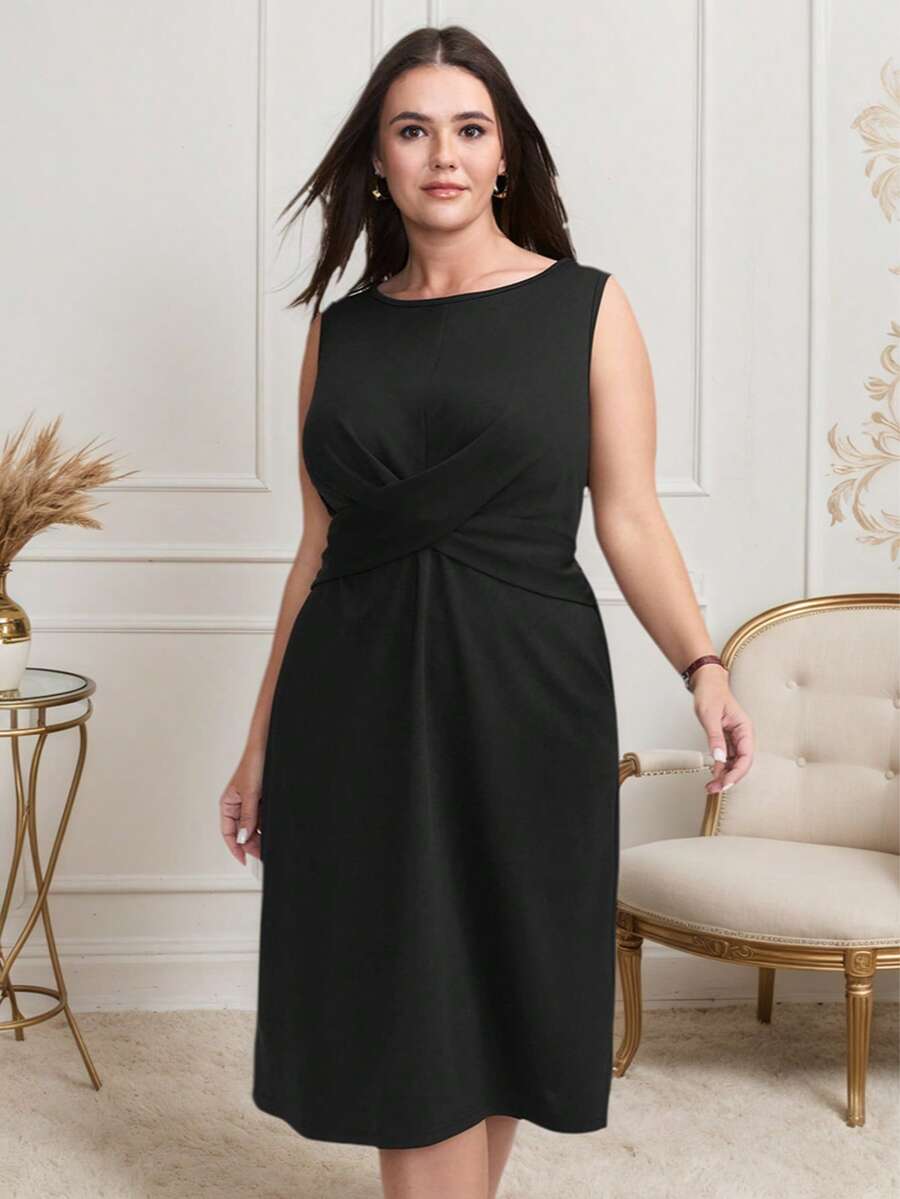 Plus Size Elegant Minimalist Romantic Pleated & Twist Detail Black Modest Dresses,Suitable For Commute, Vacation, Afternoon Tea, Party - Black - View 1