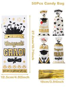 25/50/100 piezas Bolsas de regalo de graduación, con cuerdas doradas, bolsas de plástico transparente desechables para dulces, adecuadas para regalos de celebración de graduación, recuerdos de fiesta de graduación - Temporada de graduación mixta - Ver 12