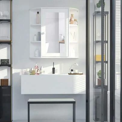 Bathroom Mirror Cabinet, Wall-Mounted, Hanging Cabinet With 8 Compartments, Multi-Purpose Cabinet, White, 66x17x63cm, For Bathrooms