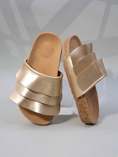 1 Pair Toddler Girls' Metallic Gold Ruffled Strap Faux Leather Cork Sole Open-Toe Slide Flat Sandals Stylish Casual Shoes For Beach