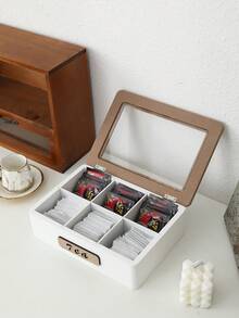 1pc White Minimalist Wooden Tea Box With 4/6/9 Compartments Glass Window, Tea Bag & Coffee Pouch Storage Box, Tea Room Organizer - Multicolor - View 8