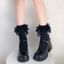 1双女士蕾丝蝴蝶结装饰中筒袜，可爱甜美洛丽塔风格，大码 - 黑色 - 查看 4