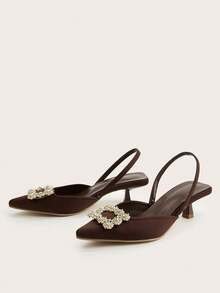 2026春夏新款女士尖头低帮凉鞋，优雅方形水钻搭扣装饰，猫跟，细带穆勒鞋，通勤休闲穿着舒适，低跟不累脚