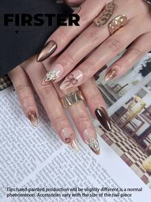 10 piezas de uñas postizas hechas a mano con almendra, uñas postizas medianas, suministros para uñas, uñas marrones, uñas simples para uso diario, uñas postizas de invierno, ojo de gato, uñas con puntas francesas, lazos, uñas con rhinestones, uñas acrílicas postizas, adecuadas para damas de oficina, citas diarias, té de la tarde y actividades al aire libre