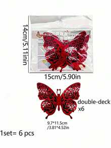 6片装3D双层蝴蝶墙贴，现代风格乙烯基PVC装饰贴纸，自粘一次性墙贴，适用于客厅、卧室、情人节、浴缸装饰