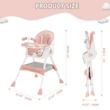 Piorlado Adjustable Height Children's High Chair Portable Foldable Baby High Chair With Large Antislip Pad & Toy Rack Easy To Clean Feeding For Babies Infants Toddlers - Pink - View 3
