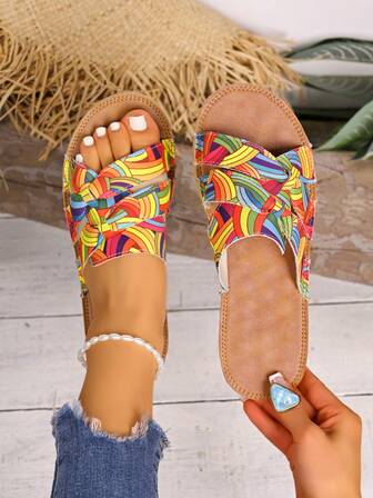 Rainbow Bow Decor Women's Flat Sandals, Comfortable Massage Sole Colorful Beach Slippers