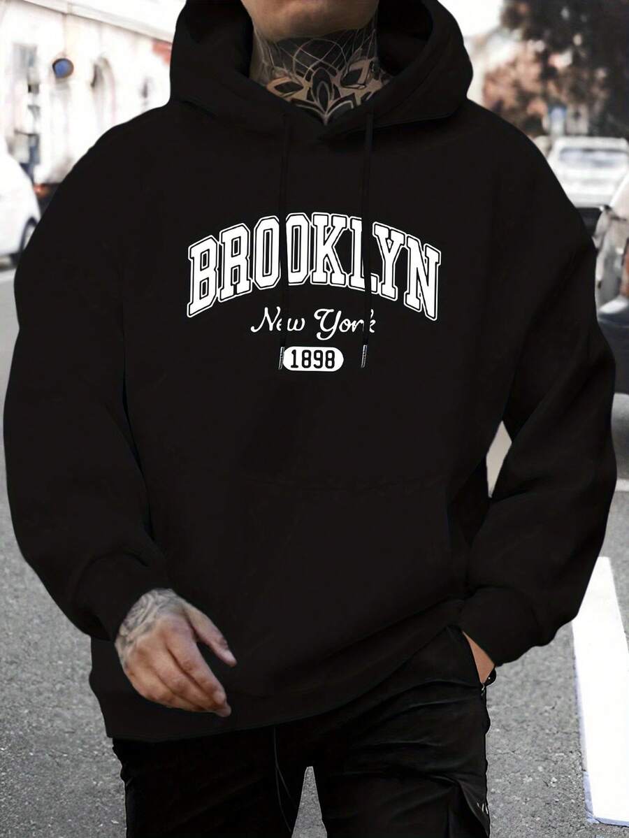 Autumn Hoodie Comfortable BROOKLYN Letter Print Graphic Hoodie Men's Hoodies Are Comfortable And Breathable, Suitable For Home, Outings, Parties, And More. It Is Perfect For You. - 黑色 - 查看 1