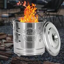 Burn Barrel Portable Stainless Steel Fire Barrel with Lid Fire Hook and Liner Heavy Duty Outdoor Burning Cage Safe for Patio Garden Balcony Deck Beach Camping Cooking Wood Garbage and Fall - Plateado - Ver 2
