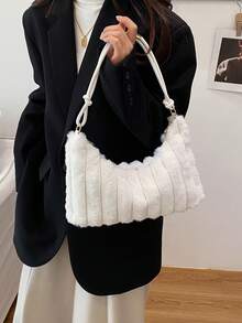 1个白色毛绒条纹法棍包，女士单肩斜挎包，冬季新款时尚 - 白色 - 查看 6