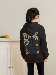 Tween Girl 休闲印花黑色保暖内衬连帽运动衫，适合秋季、春季和冬季 - 黑色 - 查看 2