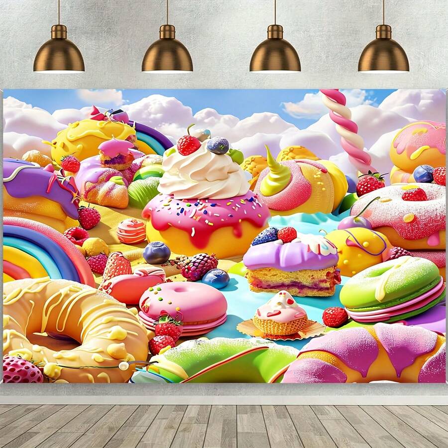 1pc Dreamland Candy Paradise Landscape Background, Ice Cream, Sweets, Lollipop Photography Backdrop, Rainbow Birthday Party Decor, Studio Prop Banner - Multicolor - View 1