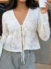 Women's V-Neck Tie Front Long Sleeve Cutout Blouse - White - View 6