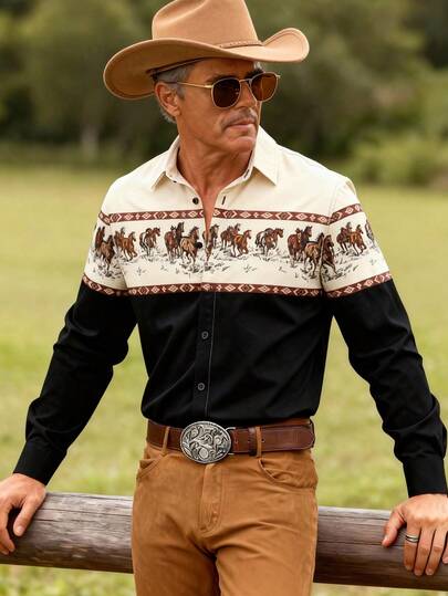 Camisa de manga larga con cuello vuelto, abotonadura completa, estampado digital de contraste de color, cómoda y adecuada para uso casual de negocios, primavera y exteriores, una prenda esencial para hombres