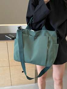 复古多口袋女士手提包，简约单肩斜挎包，学生书包，办公手提包，大容量可折叠购物袋 - 軍綠色 - 查看 4