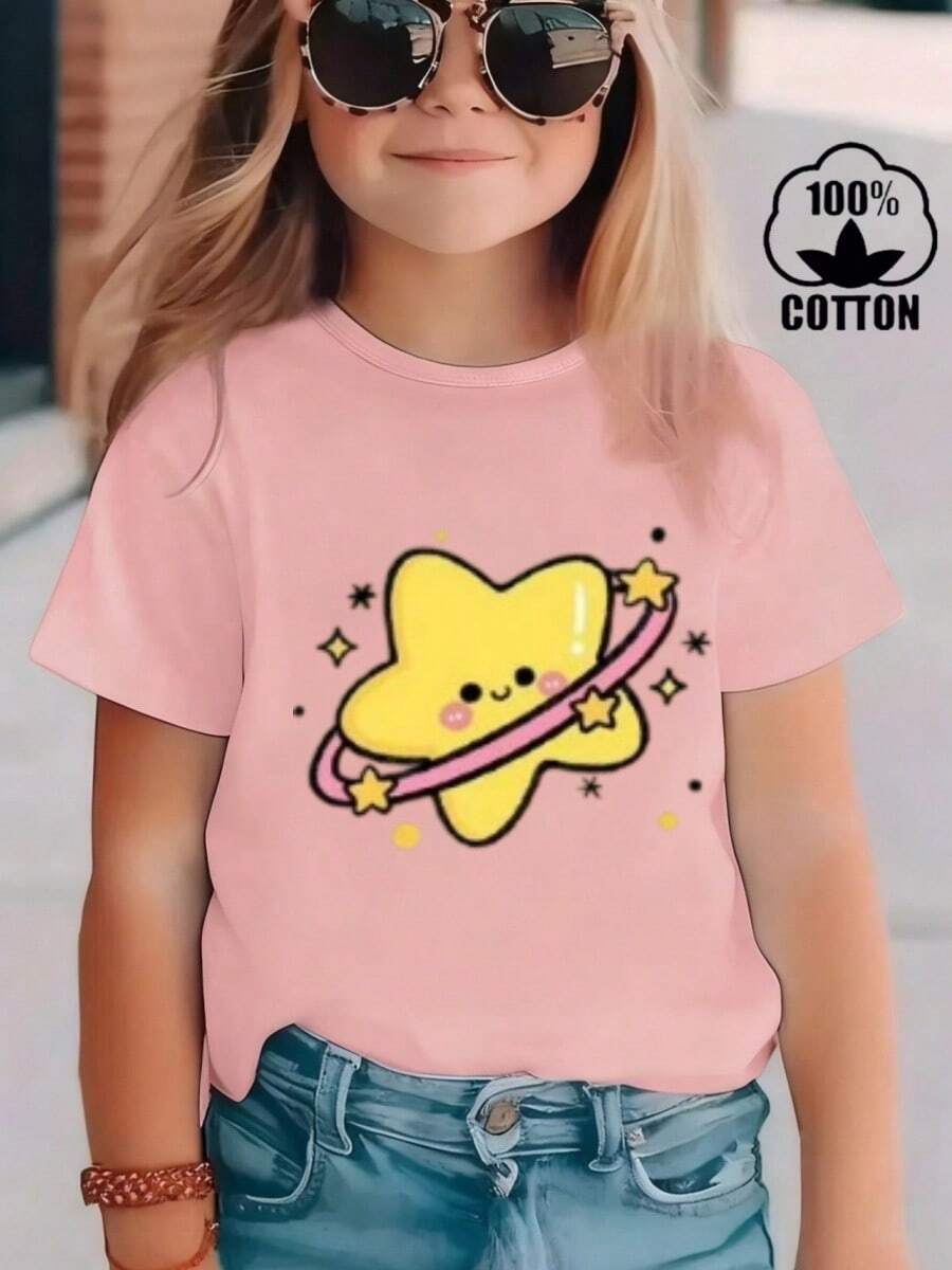 Camisetas de niña manga corta para niña está hecha 100 % de algodón y luce un elegante estampado Estrella. Es informal y versátil. Su tejido suave y agradable al tacto es delicado con la piel, lo que permite que las niñas se muevan con libertad y comodidad durante las reuniones familiares, los eventos escolares o los juegos al aire libre. - Rosa - Ver 1
