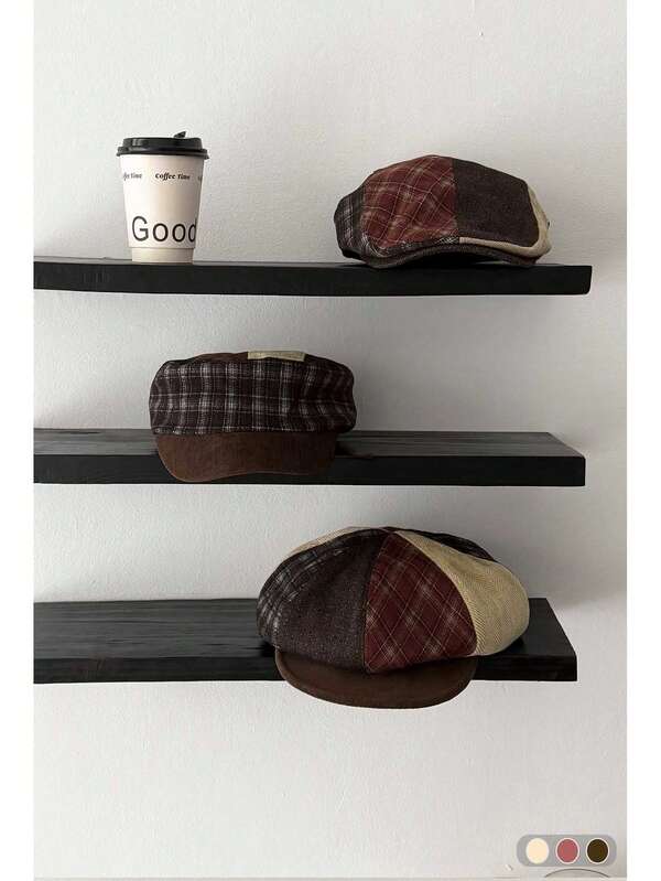 1顶格子帆布报童帽。复古羊毛混纺拼接设计系列，贝雷帽、平顶帽、八角帽，时尚百搭的小号贝雷帽，女士款