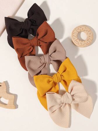 5Pcs Assorted Textured Waffle Knit Bow Hair Clips For Girls Multiple Sweet & Chic Colors, Perfect For Adding A Stylish And Cute Touch