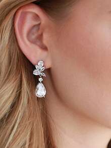 Nooxian 一对梨形立方氧化锆新娘耳环，闪亮夺目的女士婚礼首饰 - 銀色 - 查看 3