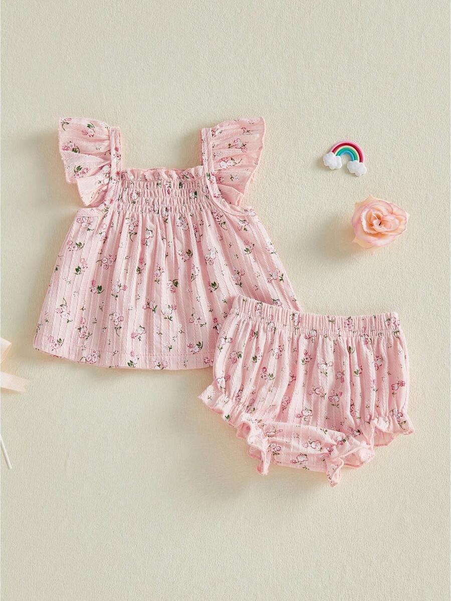 Conjunto de 2 piezas de verano para niñas pequeñas, camiseta sin mangas con cuello cuadrado y estampado floral, pantalones cortos con cintura elástica - Rosa - Ver 1