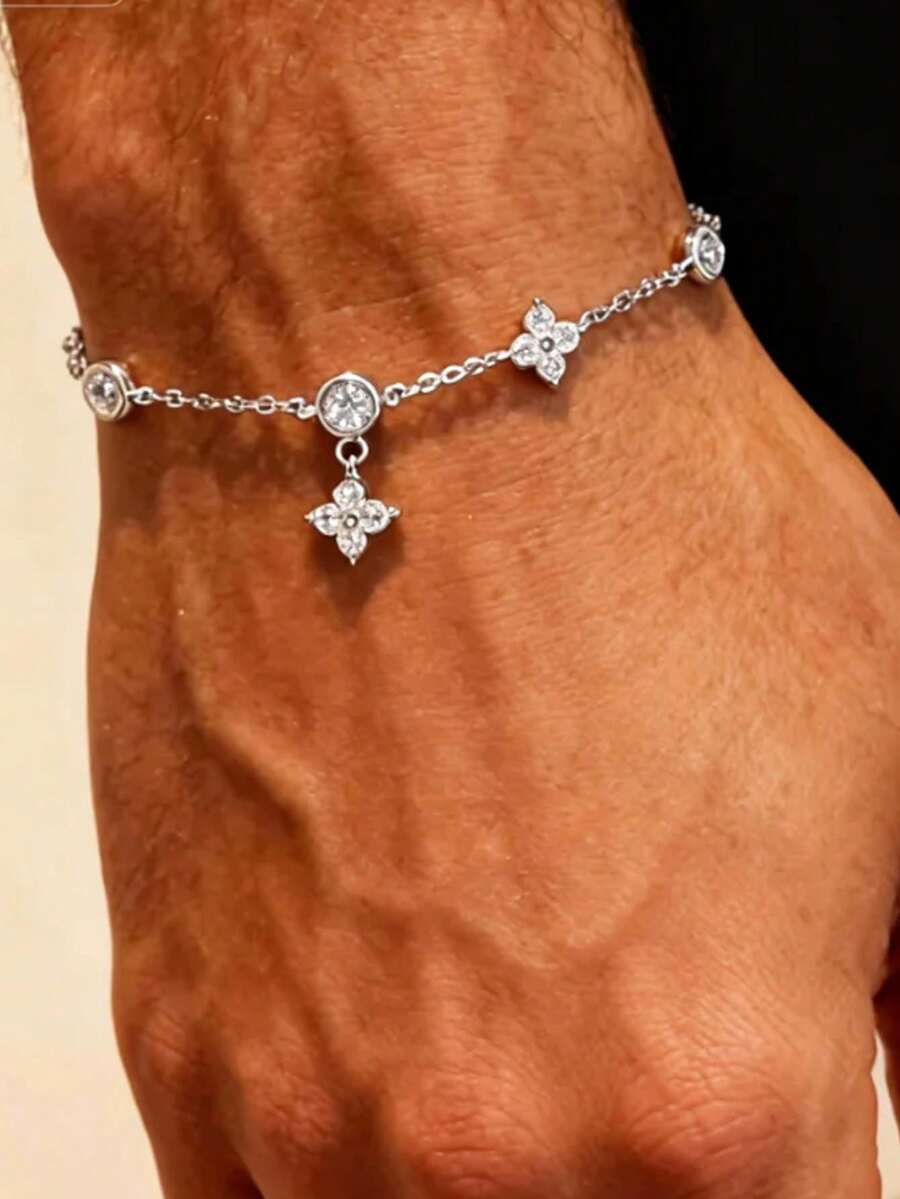 Men's Shiny Zirconia Tennis Chain Bracelet - Silver Four-leaf Clover Pendant - View 1