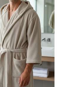 Short Sleeve 100% Cotton Hooded Bathrobe - M/L/XL/XXL - Made In Turkiye - Beige - View 2