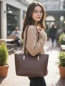Classic Work Tote Bag Stylish Large Capacity PU Leather With Multiple Compartments - Coffee - View 2
