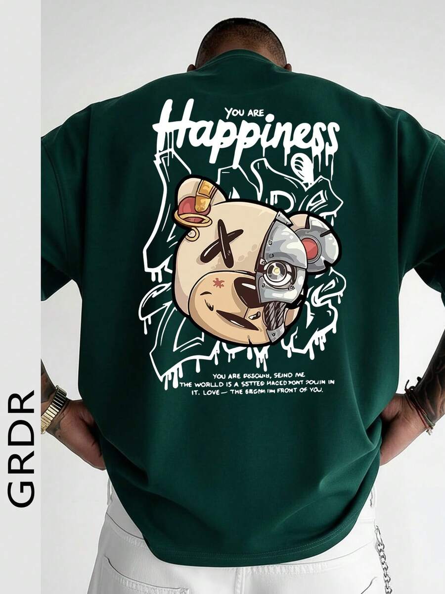 GRDR Men's Summer Printed Graffiti Short Sleeve Fashionable T-Shirt, Suitable For Summer - Dark Green - View 1