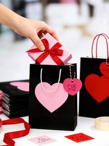 24/12/6/3pcs Valentine's Day Kraft Paper Gift Bags With Red Heart Tags, Heart-Shaped Valentine's Gift Bags, Black And Pink Design, Red And Pink Paper Party Bags With Handles, Anniversary Surprise Gift Bags, Foldable Shopping Bags And Valentine's Party Bags, Holiday Decorations, Shopping Bags, Romantic Occasion Gift Bags, Wedding Party Gift Bags, Handmade Tote Bags For Mother's Day, Valentine's Day, Birthday And Love Occasions - Multicolor - View 5