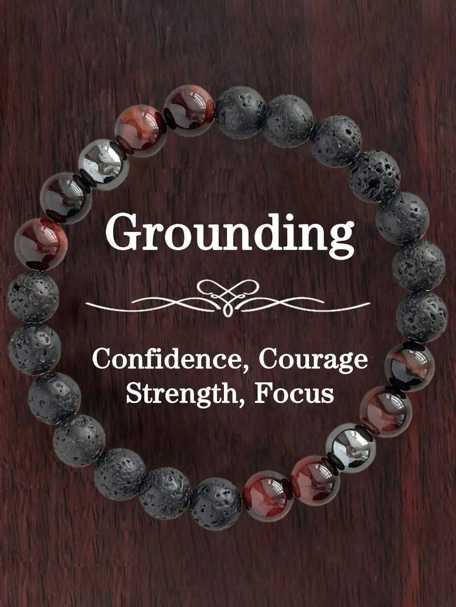 熔岩红虎眼石接地串珠手链：力量、勇气、吸收负能量，男士宝石手链冥想饰品，适合日常佩戴和送礼 - 彩色 - 查看 1