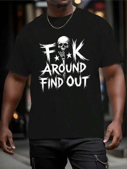 Camiseta gráfica "FK Around And Find Out" para hombre - Camiseta informal de algodón grueso de 180 g con estampado de calavera y estrellas, cuello redondo y manga corta para verano, deportes, viajes y ropa informal | Top con estampado llamativo | Camisa de tela resistente, ropa de verano para hombre, camisetas para hombre, Día del Padre, camisetas gráficas, camisetas divertidas