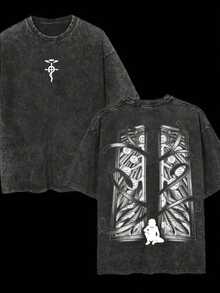 1pcsMen's Washed Cotton, Retro Anime Janitor - Fullmetal Alchemist Anime Double-Sided Print, Anime Manga Washed T-Shirt, Gift For Anime Fans And Anime Lovers180g100% Cotton,T-Shirt,Summer,Spring Tops,God And Jesus - 黑色 - 查看 1