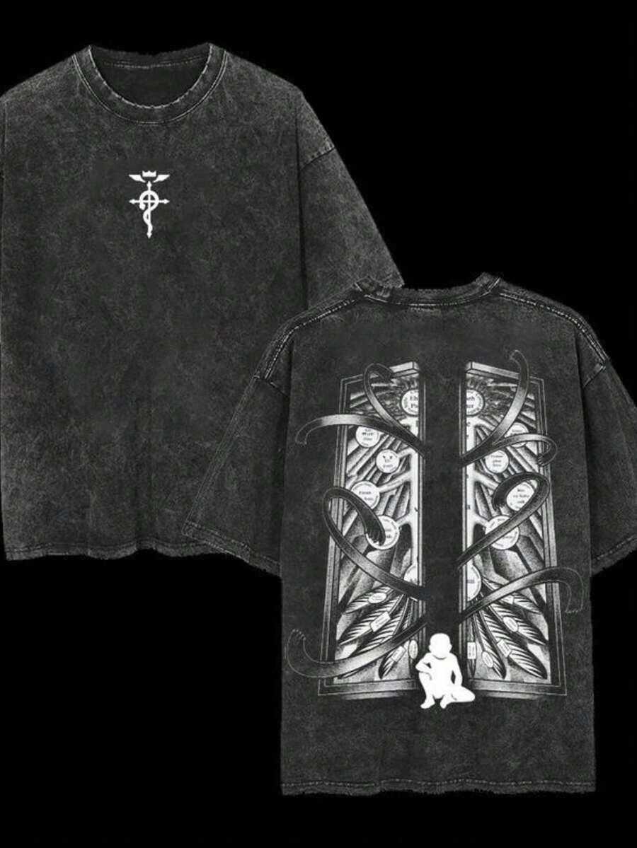 1pcsMen's Washed Cotton, Retro Anime Janitor - Fullmetal Alchemist Anime Double-Sided Print, Anime Manga Washed T-Shirt, Gift For Anime Fans And Anime Lovers180g100% Cotton,T-Shirt,Summer,Spring Tops,God And Jesus - 黑色 - 查看 1