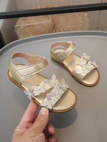 可调节绑带女童凉鞋，闪亮蝴蝶结设计，适合儿童节 - 金色 - 查看 2