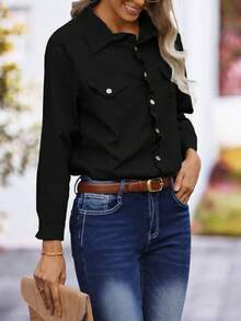 Women's Olive Green Long Sleeve Button Down Shirt - Chest Pocket Regular Fit Casual Daily Blouse Top - 黑色 - 查看 5