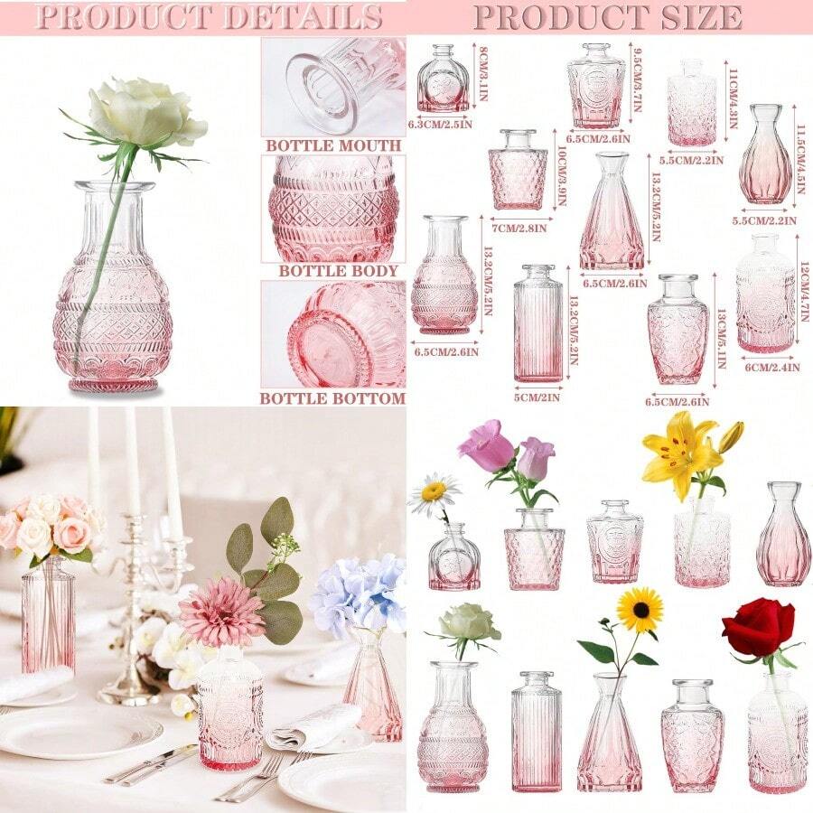 Jarrones De VidrioSet 10 Florero Decorativo Vintage para Hogar Decoración Boho y Rústica para Hogar o Mesa de Boda Fiesta Escritorio Sala de Estar Dormitorio de Oficina Rosa - Rosa - Ver 1