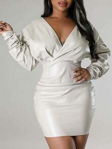 Women's Sexy PU Leather V-Neck Bodycon Mini Dress - Slim Fit, Perfect For Daily Outings, Office & Date Nights - 白色 - 查看 1