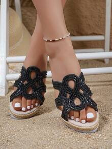 Sandales à paillettes pour femmes, espadrilles à plateforme et talons hauts, sandales compensées d'été à enfiler avec semelle épaisse en corde, confortables sandales de plage compensées, sandales compensées à bout ouvert et semelle épaisse, idéales pour l'été, sandales légères et confortables à enfiler, sandales à plateforme et talons hauts ornées de strass. - Noir - Voir 4