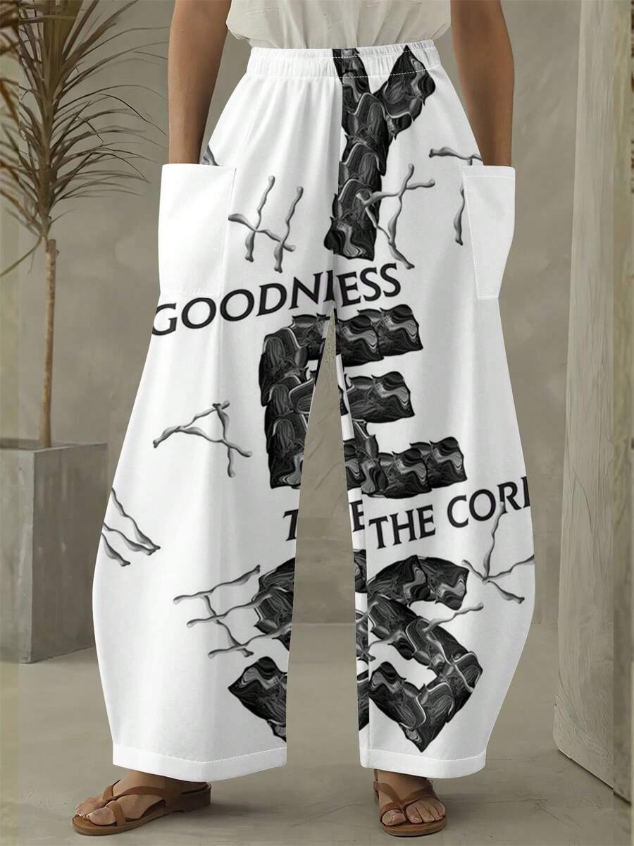 One Piece  Casual    Woven Fabric    Pocket    Letter Print Women's Casual Curved Trousers  Airport  Daily  Home    Summer, Spring And Autumn - 彩色 - 查看 1