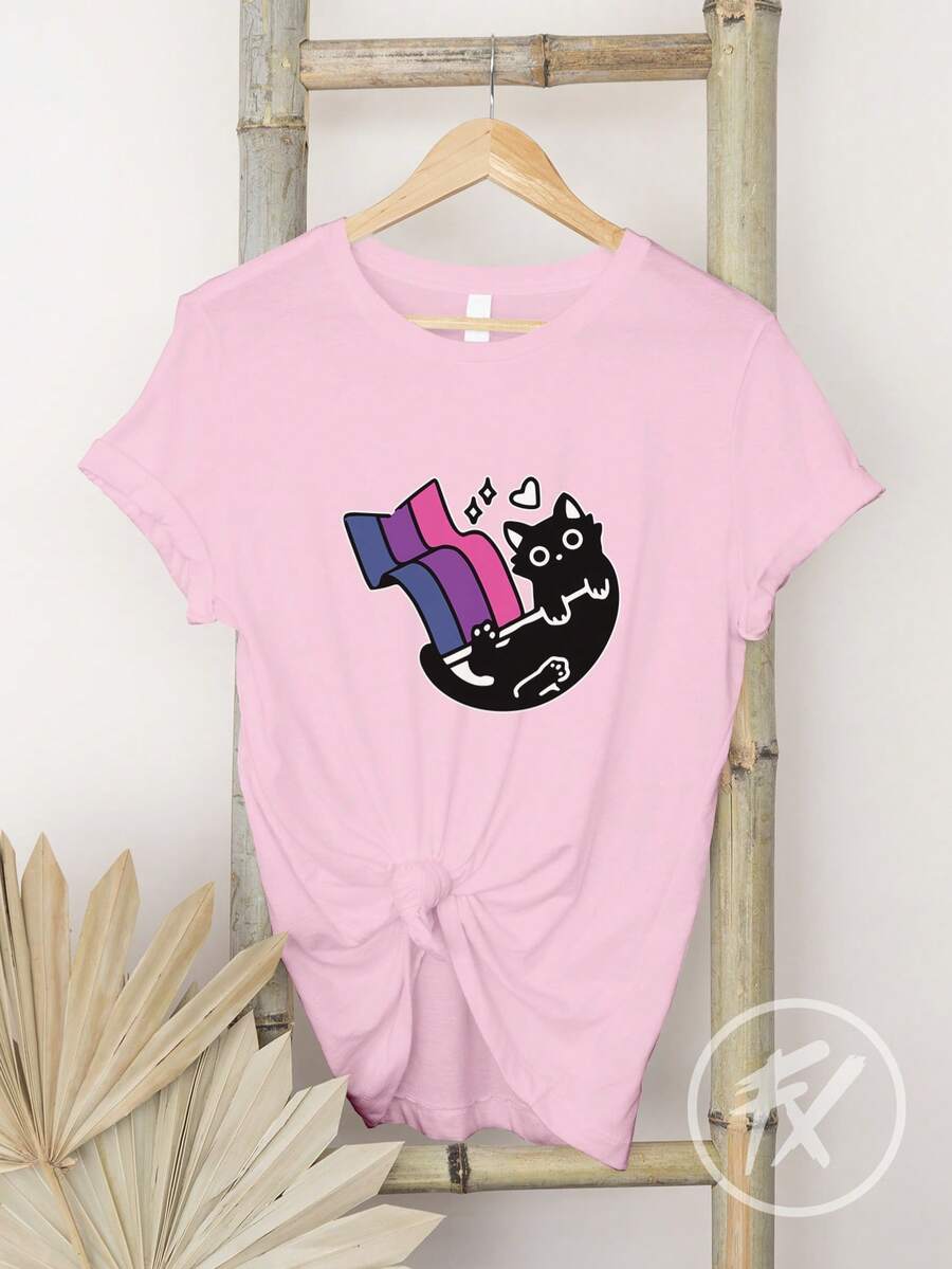Women's T-Shirt Cat Flag Bi Print LGBTQIA+ REF 3312 Fluxo FX - Màu Hồng baby - Xem 1