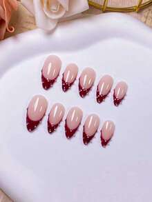 10 Pieces Of Handmade Almond-Shaped Red French Bead Press-On Nails. Featuring Hand-Painted Red French Tips And Manually Embellished With Silver Beads, These Elegant, Romantic And Minimalist Press-On Nails Are High-End, Sexy And Luxurious Nail Art Patches. They Are Suitable For Daily Wear, Dates, Concerts And Light Business Occasions, And Make An Excellent Gift For Women And Girls - Multicolor - View 6