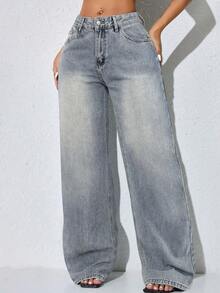 Quần jeans nữ ống rộng cạp cao, kiểu dáng thường ngày, đã qua xử lý giặt. - Xám - Xem 4
