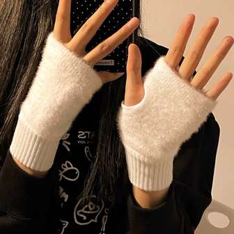 1 Pair Women's Solid Color Warm Fingerless Gloves, Casual Knitted Wrist Warmers, Stretchy & Soft, Suitable For Office, Writing, Cycling, Perfect Gift, Autumn/Winter